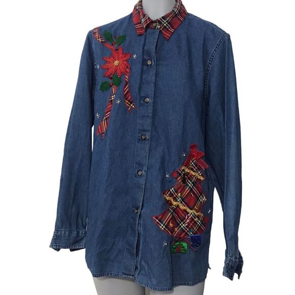 Vintage Christmas Shirt Blouse Denim tacky size small medium - Picture 6 of 14